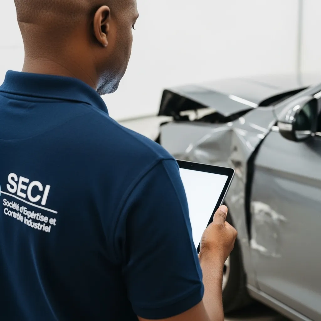 Expert S.E.C.I. examinant un véhicule accidenté sur tablette